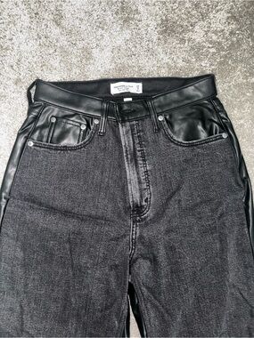 Abercrombie & Fitch Black Denim Jeans with Faux-Leather Trim, Mixed Fabric